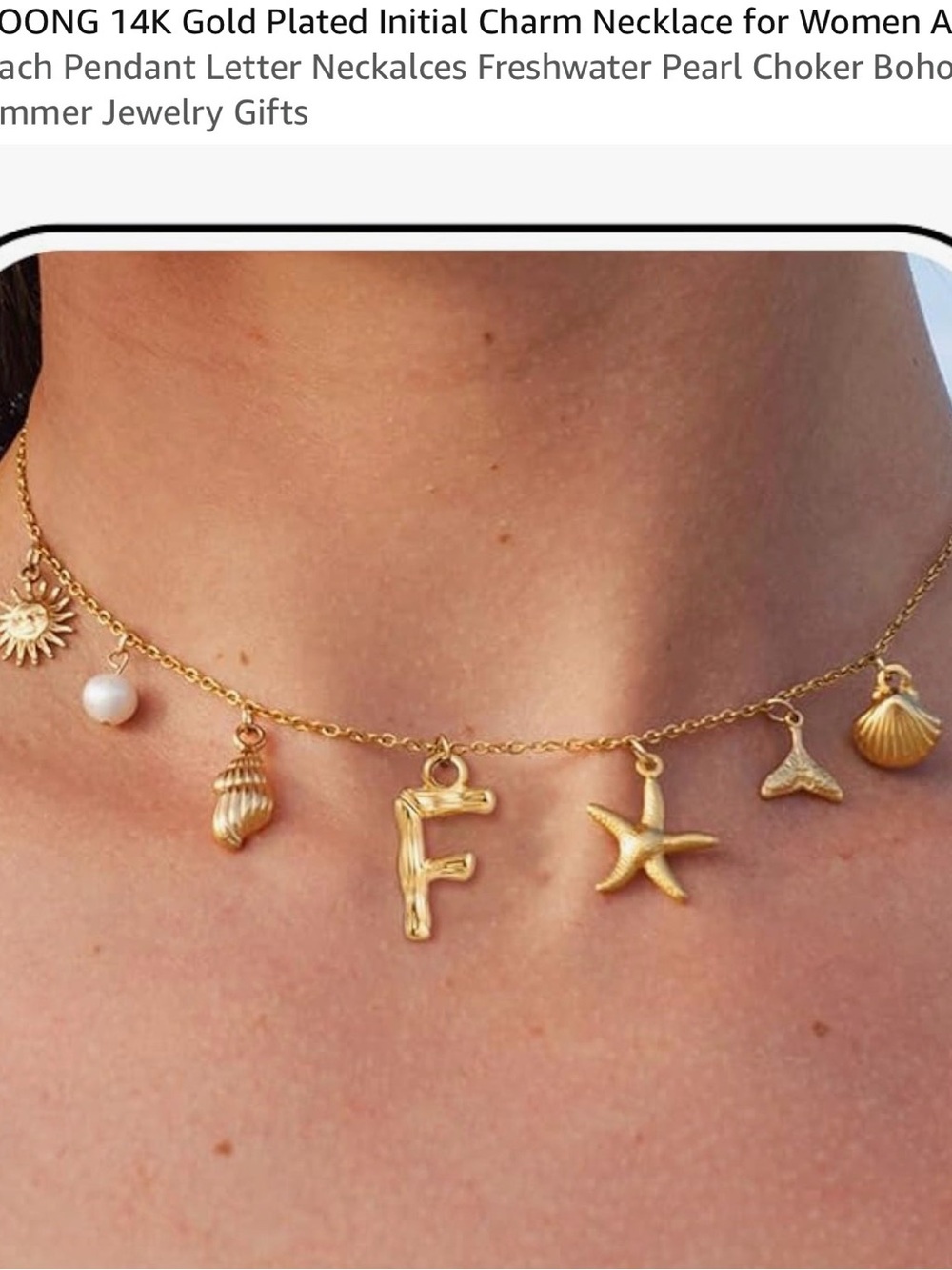 Gold Initial 'F' Charm Necklace with Pearl & Sea Charms